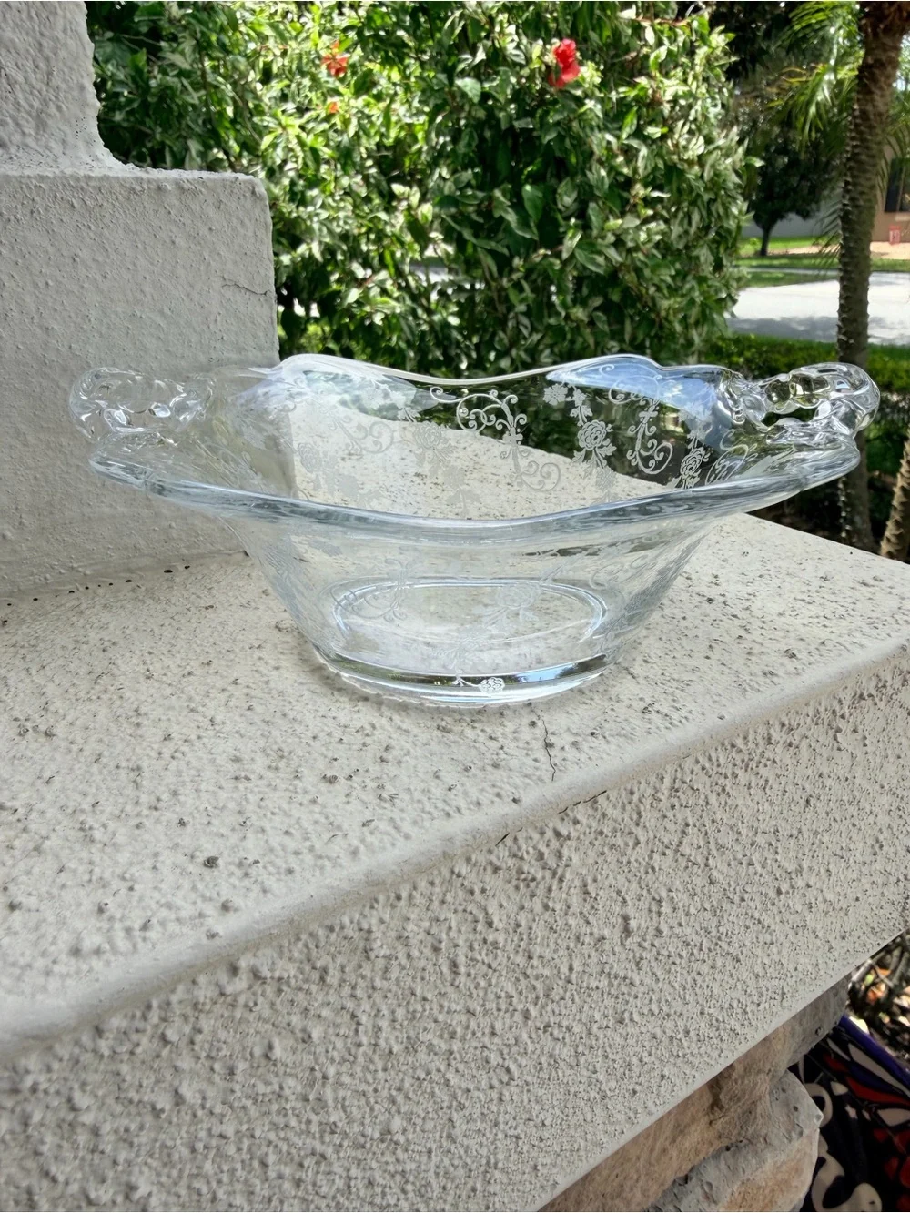 Vintage Etched Glass Relish Candy Bowl Floral Scroll Handles Serving Dish Clear